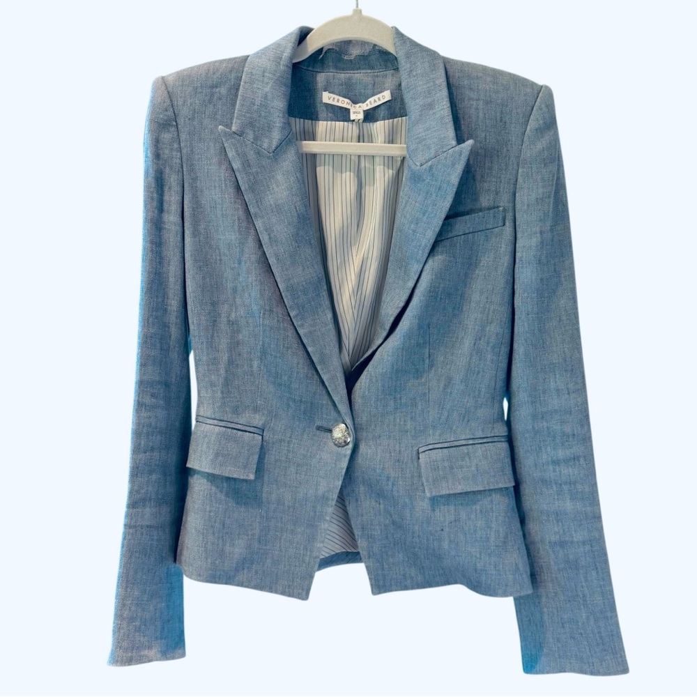 Veronica Beard Linen-Blend Single Button Sky Blue Blazer - Picture 2 of 15